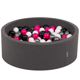 KiddyMoon Baby Foam Ball Pit with Balls ∅ 7cm / 2.75in Made in EU, dark grey:white/black/silver/dark pink, 90x30cm/200 balls
