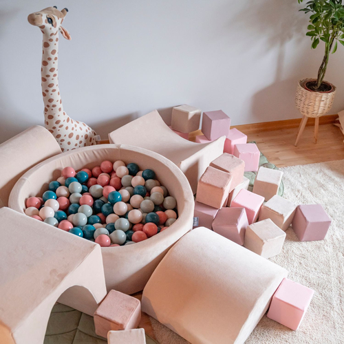 KiddyMoon Soft Ball Pit Round 7cm / 2.75In for Kids, Foam Velvet Ball Pool Baby Playballs, sand beige:brown/copper/pastel beige/salmon pink, 90 x 30 cm / 200 Balls
