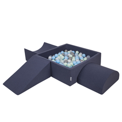 KiddyMoon Foam Playground for Kids with Square Ballpit ( ∅ 7cm/2.75In) Soft Obstacles Course and Ball Pool, Certified Made In The EU, darkblue:pearl/grey/transparent/babyblue/mint, Ballpit (200 Balls) + Version 4