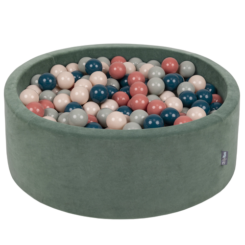 KiddyMoon Soft Ball Pit Round ∅ 7cm / 2.75In for Kids, Foam Velvet Ball Pool Baby Playballs, Made In The EU, forest green:dark turquoise/pastel beige/greengray/salmon pink, 90 x 30 cm / 300 Balls