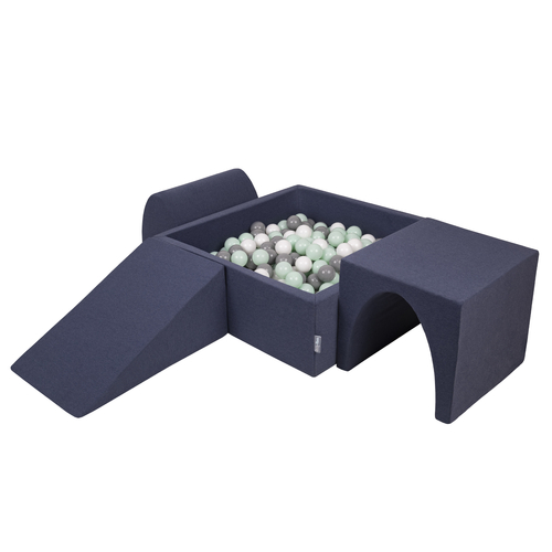 KiddyMoon Foam Playground for Kids with Square Ballpit ( ∅ 7cm/2.75In) Soft Obstacles Course and Ball Pool, Certified Made In The EU, darkblue:white/grey/mint, Ballpit (300 Balls) + Version 2