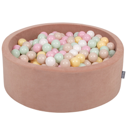 KiddyMoon Soft Ball Pit Round ∅ 7cm / 2.75In for Kids, Foam Velvet Ball Pool Baby Playballs, Made In The EU, desert pink:pastel beige/pastel yellow/white/mint/powder pink, 90x30cm/200 balls