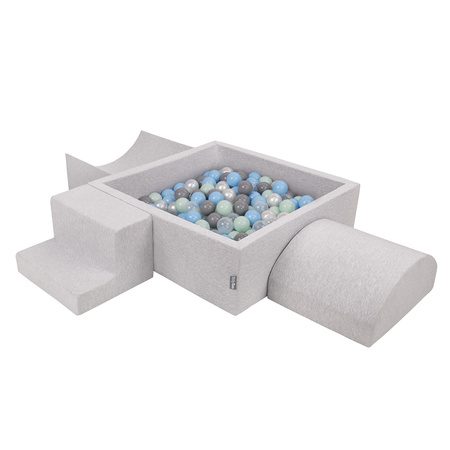 KiddyMoon Foam Playground for Kids with Square Ballpit ( ∅ 7cm/2.75In) Soft Obstacles Course and Ball Pool, Certified Made In The EU, lightgrey:pearl/grey/transparent/babyblue/mint, Ballpit (300 Balls) + Version 6