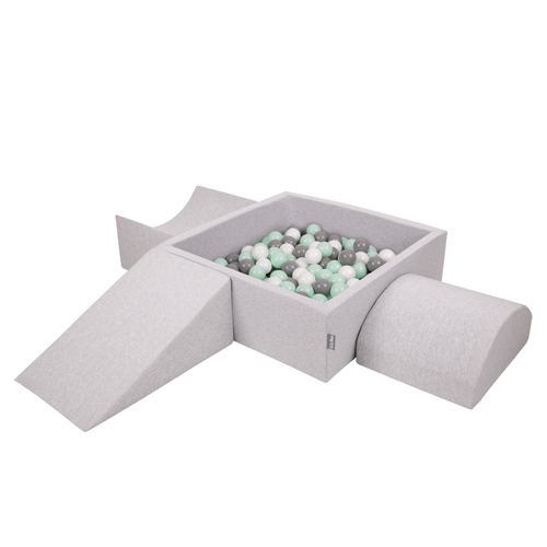 KiddyMoon Foam Playground for Kids with Square Ballpit ( ∅ 7cm/2.75In) Soft Obstacles Course and Ball Pool, Made In The EU, lightgrey:white/grey/mint, Ballpit (200 Balls) + Version 4