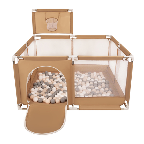 square play pen filled with plastic balls basketball, beige:pastel beige/gray/white, 100 balls