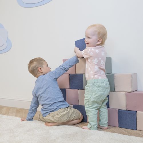 KiddyMoon Soft Foam Cubes Building Blocks 14cm for Children Multifunctional Foam Construction Montessori Toy for Babies, Certified Made in The EU, cubes: heather-dark blue-beige-sage, 24 Pieces