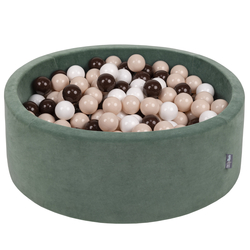 KiddyMoon Soft Ball Pit Round ∅ 7cm / 2.75In for Kids, Foam Velvet Ball Pool Baby Playballs, Made In The EU, forest green:pastel beige/brown/white, 90 x 30 cm / 200 Balls