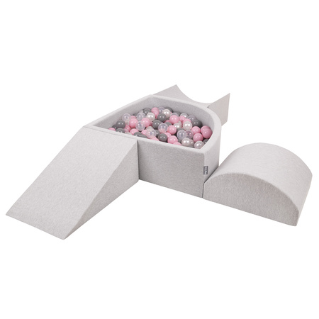 KiddyMoon Foam Playground for Kids with Quarter Angular Ballpit and Balls, lightgrey:pearl/grey/transparent/powderpink, Ballpit (300 Balls) + Version 4