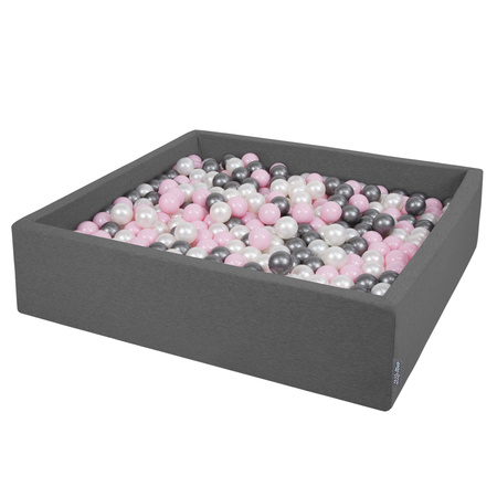 KiddyMoon Soft Ball Pit Square  ∅ 7Cm / 2.75In For Kids, Foam Ball Pool Baby Playballs Children, Made In The EU, dark grey:pearl-powder pink-silver, 120x30cm/1000 balls