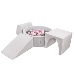 KiddyMoon Foam Playground for Kids with Round Ball pit (Balls ∅ 7cm/2.75In) Soft Obstacles Course and Ball Pool, Made In EU, lightgrey:white/grey/powderpink, Ballpit (200 Balls) + Version 2