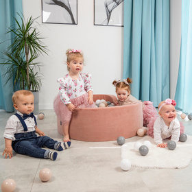 KiddyMoon Soft Ball Pit Round ∅ 7cm / 2.75In for Kids, Foam Velvet Ball Pool Baby Playballs, Made In The EU, desert pink:pastel beige/grey/white, 90x30cm/200 balls