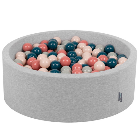 KiddyMoon Baby Foam Ball Pit with Balls ∅ 7cm / 2.75in Made in EU, light grey:dark turquoise/pastel beige/greygreen/salmon pink, 90x30cm/300 balls