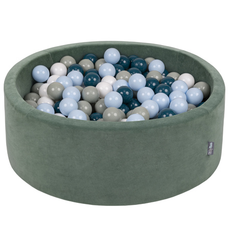 KiddyMoon Soft Ball Pit Round ∅ 7cm / 2.75In for Kids, Foam Velvet Ball Pool Baby Playballs, Made In The EU, forest green:dark turquoise/greengrey/pastel blue/white, 90x30cm/200 balls