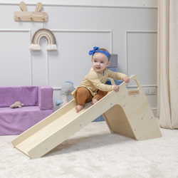 KiddyMoon Wooden Slide for Baby Multifunction Montessori Toddlers Indoor Freestanding Slide 2in1 Chair for Children Slide for Ball Pit Sturdy Climbing Toy, Natural, Large