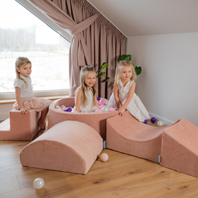 KiddyMoon Foam Playground Velvet for Kids with Round Ballpit ( ∅ 7cm/2.75In) Soft Obstacles Course and Ball Pool, Certified Made In The EU, desert pink:pastel beige/copper/pearl, Ballpit (300 Balls) + Version 3