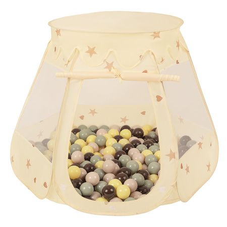 Pop Up Play Tent Castle House Shell Plastic Balls For Kids, Light Beige: Pastel Beige/Green-Grey/Pastel Yellow/Brown, 105x90cm/100 balls
