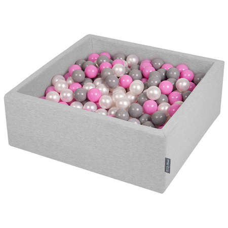 KiddyMoon Baby Foam Ball Pit with Balls ∅ 7cm / 2.75in Square Made in EU, light grey/pearl/grey/pink, 90x30cm/200 balls