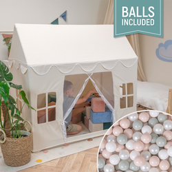 KiddyMoon Playhouse For Kids Foldable Tent Child's Play Cotton Fabric Easy To Assemble Indoor And Outdoor Use With Windows And Doors Encourages Creative Play Compact Storage, natural: white/pearl/pastel beige/green-gray, 200 Balls
