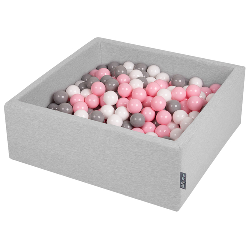 KiddyMoon Baby Foam Ball Pit with Balls ∅ 7cm / 2.75in Square Made in EU, light grey:white/grey/light pink, 90x30cm/300 balls