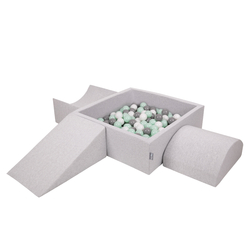 KiddyMoon Foam Playground for Kids with Square Ballpit ( ∅ 7cm/2.75In) Soft Obstacles Course and Ball Pool, Made In The EU, lightgrey:white/grey/mint, Ballpit (200 Balls) + Version 4