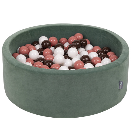 KiddyMoon Soft Ball Pit Round ∅ 7cm / 2.75In for Kids, Foam Velvet Ball Pool Baby Playballs, Made In The EU, forest green:salmon pink/brown/white , 90x30cm/200 balls