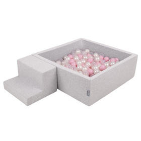 KiddyMoon Foam Playground for Kids with Square Ballpit ( ∅ 7cm/2.75In) Soft Obstacles Course and Ball Pool, Certified Made In The EU, lightgrey:powderpink/pearl/transparent, Ballpit (200 Balls) + Steps