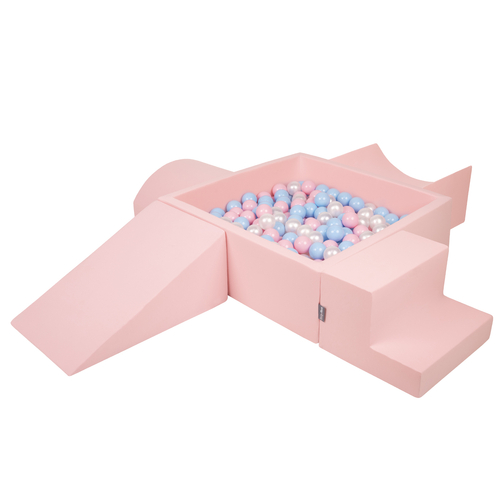 KiddyMoon Foam Playground for Kids with Square Ball pit ( ∅ 7cm/2.75In) Soft Obstacles Course and Ball Pool, Certified Made In The EU, pink:babyblue/powder pink/pearl, Ballpit (200 Balls) + Version 5