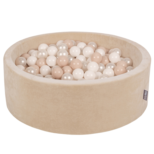 KiddyMoon Soft Ball Pit Round 7cm / 2.75In for Kids, Foam Velvet Ball Pool Baby Playballs, sand beige: pastel beige/white/pearl, 90x30cm/200 balls