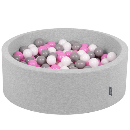 KiddyMoon Baby Foam Ball Pit with Balls ∅ 7cm / 2.75in Made in EU, light grey:grey/white/pink, 90x30cm/200 balls