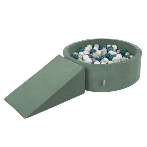 KiddyMoon Foam Playground Velvet for Kids with Round Ball pit ( ∅ 7cm/2.75In) Soft Obstacles Course and Ball Pool, Certified Made In The EU, forest green:dark turquoise/greygreen/white, Ballpit (100 Balls) + Wedge