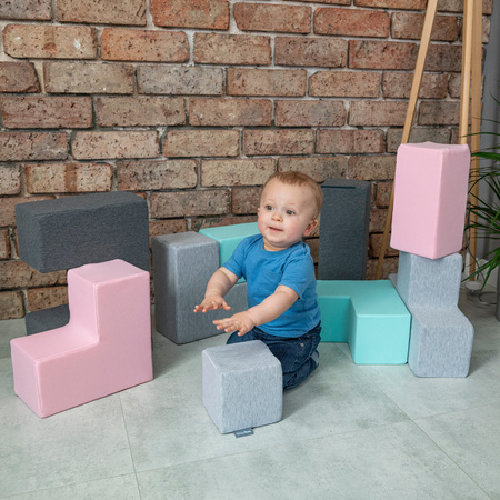 KiddyMoon Soft Foam Cubes Building Blocks 14cm for Children Multifunctional Foam Construction Montessori Toy for Babies, Certified Made in The EU, mix: light grey-dark grey-pink-mint, 9 Pieces