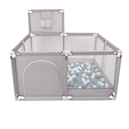 square play pen filled with plastic balls basketball, Grey:grey/white/turquoise, 100 balls