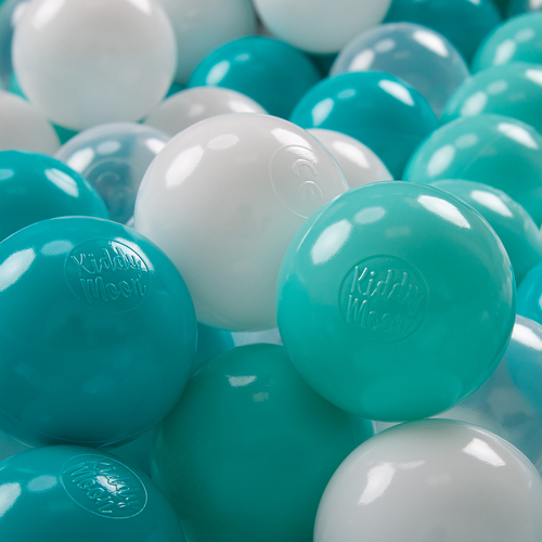 KiddyMoon Soft Plastic Play Balls ∅ 7cm/2.75in Multi-colour Made in EU, light turquoise/white/transparent/ turquoise, 300 Balls/7cm-2.75in