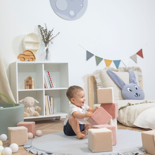 KiddyMoon Soft Foam Building Blocks for Babies & Toddlers, Washable Velvet Zip Cover, 14cm Cubes, Sensory Toy, cubes: sand beige-desert pink, 12 Pieces
