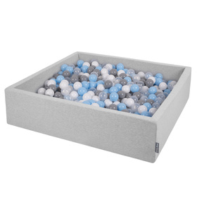 KiddyMoon Soft Ball Pit Square  ∅ 7Cm / 2.75In For Kids, Foam Ball Pool Baby Playballs Children, Made In The EU, light grey:grey/white/transparent/babyblue, 120x30cm/1000 balls