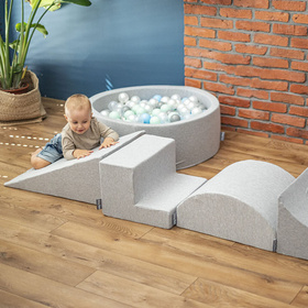 KiddyMoon Foam Playground for Kids with Quarter Angular Ballpit and Balls, lightgrey:powderpink/pearl/transparent, Ballpit (100 Balls) + Steps