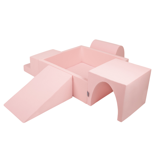 KiddyMoon Foam Playground for Kids with Square Ball pit ( ∅ 7cm/2.75In) Soft Obstacles Course and Ball Pool, Certified Made In The EU, pink:pearl/grey/transparent/powder pink, Ballpit (200 Balls) + Version 3