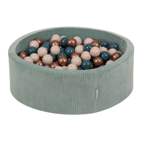 KiddyMoon Foam Ball Pit For Kids Round 90x30cm Baby Soft & Safe Toy, green: dark turquoise/pastel beige/copper, 90x30cm/100 balls