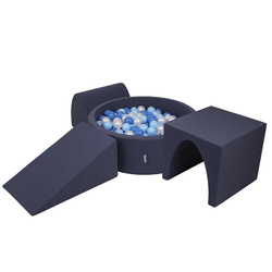 KiddyMoon Foam Playground for Kids with Round Ballpit (Balls ∅ 7cm/2.75In) Soft Obstacles Course and Ball Pool, Made In EU, darkblue:babyblue/blue/pearl, Ballpit (200 Balls) + Version 2