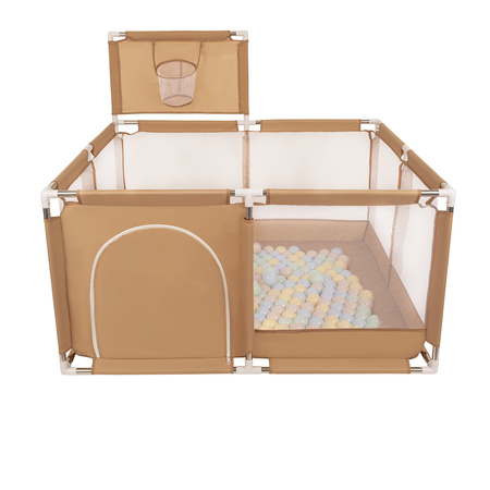 square play pen filled with plastic balls basketball, beige:pastel beige/pastel blue/pastel yellow/mint, 100 balls