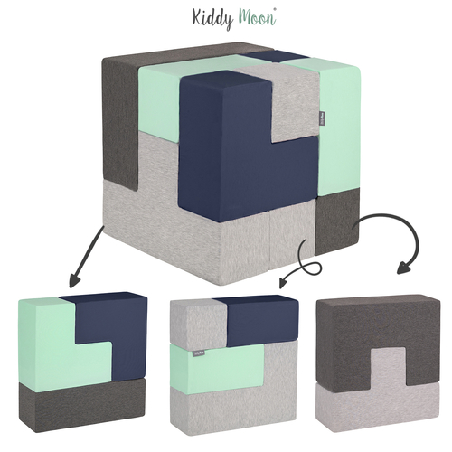 KiddyMoon Soft Foam Cubes Building Blocks 14cm for Children Multifunctional Foam Construction Montessori Toy for Babies, Certified Made in The EU, light grey-dark grey-dark blue-mint, 9 Pieces