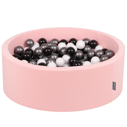 KiddyMoon Baby Foam Ball Pit with Balls ∅ 7cm / 2.75in Made in EU, pink:white/black/silver, 90 x 30 cm / 300 Balls