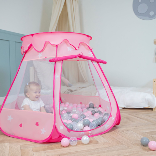 Play Tent For Kids Castle Baby Playhouse For Children With Colorful Balls Pop Up Perfect For Indoor And Outdoor Easy Set Up Includes Carry Bag, pink:pearl-grey-transparent-powder pink, 105x90cm/100 balls