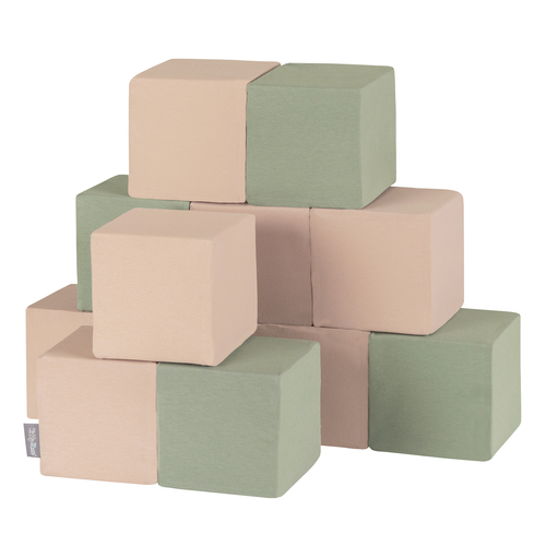 KiddyMoon Soft Foam Cubes Building Blocks 14cm for Children Multifunctional Foam Construction Montessori Toy for Babies, Certified Made in The EU, cubes: sage-beige, 12 Pieces