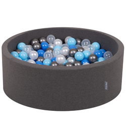 KiddyMoon Baby Foam Ball Pit with Balls ∅ 7cm / 2.75in Made in EU, dark grey:pearl/blue/baby blue/transparent/silver, 90 x 30 cm / 200 Balls