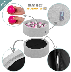 KiddyMoon Baby Foam Ball Pit with Balls ∅ 7cm / 2.75in Made in EU, light grey:dark turquoise/pastel beige/white/mint, 90x30cm/300 balls