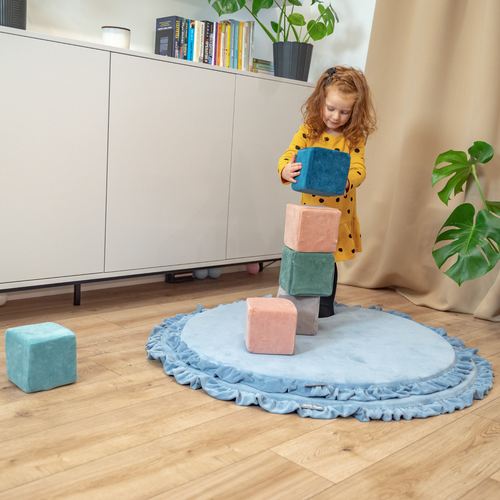 KiddyMoon velvet foam cubes for kids 14cm soft, cubes:lagoon turquoise-forest green-desert pink-ice blue-grey mountains, 48 Pieces