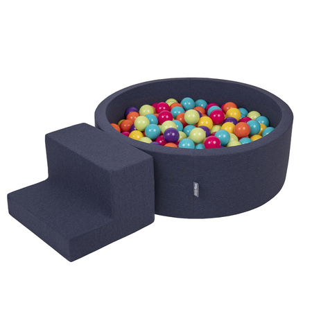 KiddyMoon Foam Playground for Kids with Round Ballpit (200 Balls ∅ 7cm/2.75In) Soft Obstacles Course and Ball Pool, Certified Made In The EU, darkblue:lgreen/yellow/turquoi/orange/dpink/purple, Ballpit (100 Balls) + Steps