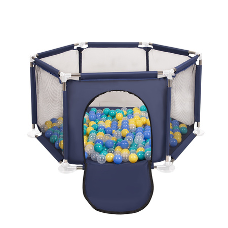 hexagon 6 side play pen with plastic balls, Blue:turquoise/blue/yellow/transparent, 100 balls