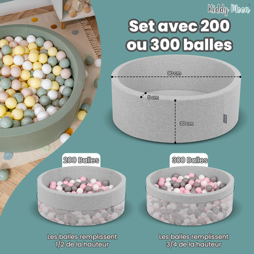 KiddyMoon Baby Foam Ball Pit with Balls ∅ 7cm / 2.75in Made in EU, d.grey:l.green/yellw/turquois/orange/d.pink/purple, 90 x 30 cm / 300 Balls